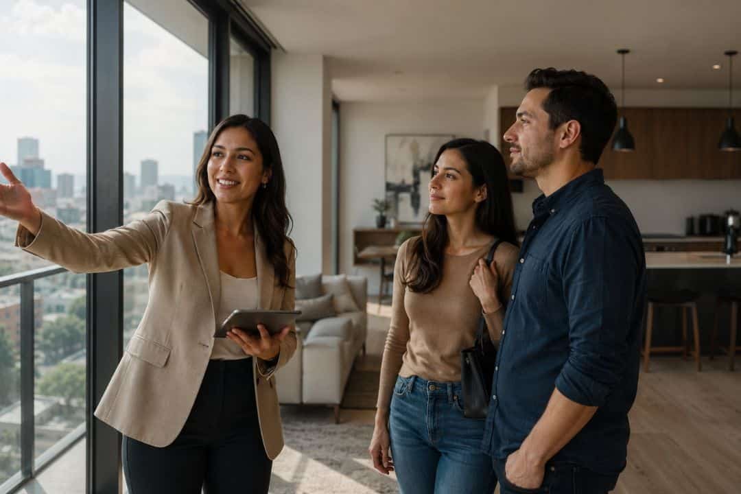Asesora inmobiliaria muestra una propiedad a una pareja en la Ciudad de México