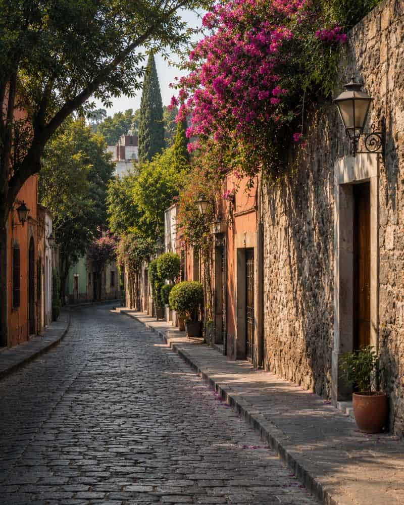 Calle empedrada con casas coloniales en San Ángel, Álvaro Obregón