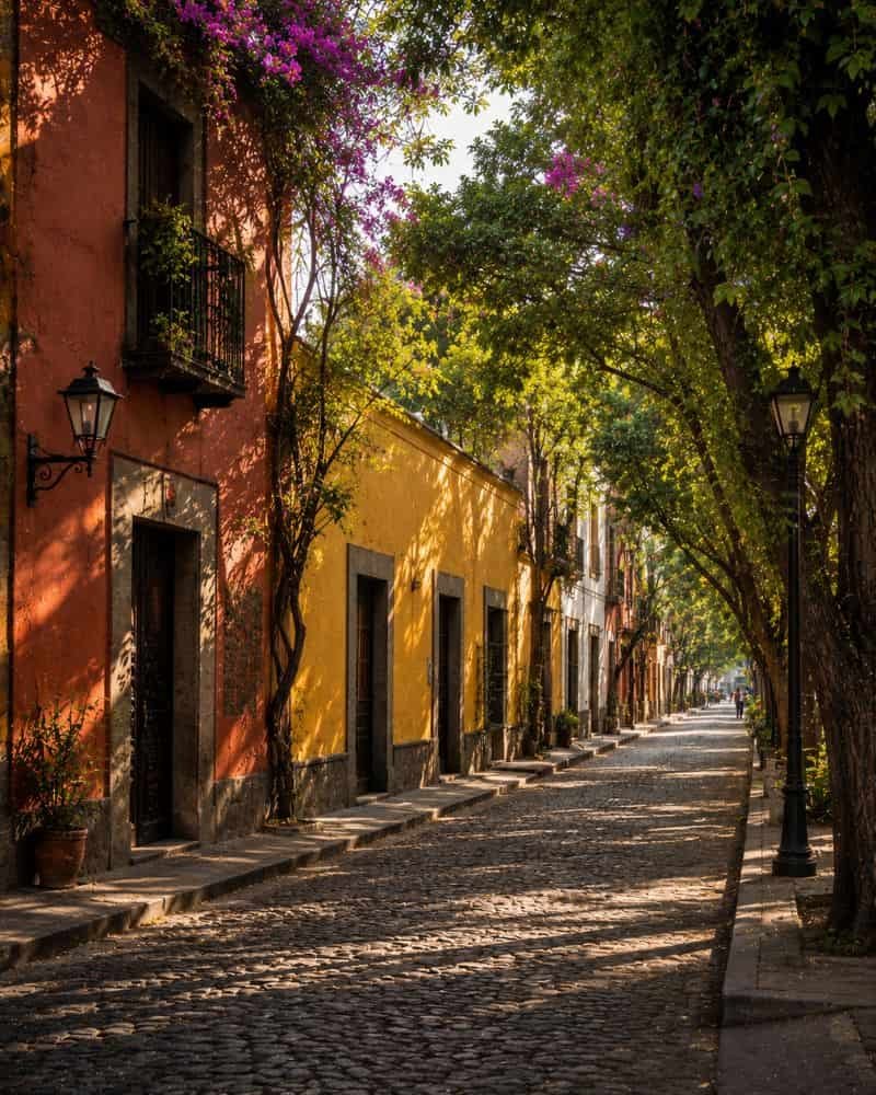 Casas tradicionales y calle arbolada en el centro de Coyoacán