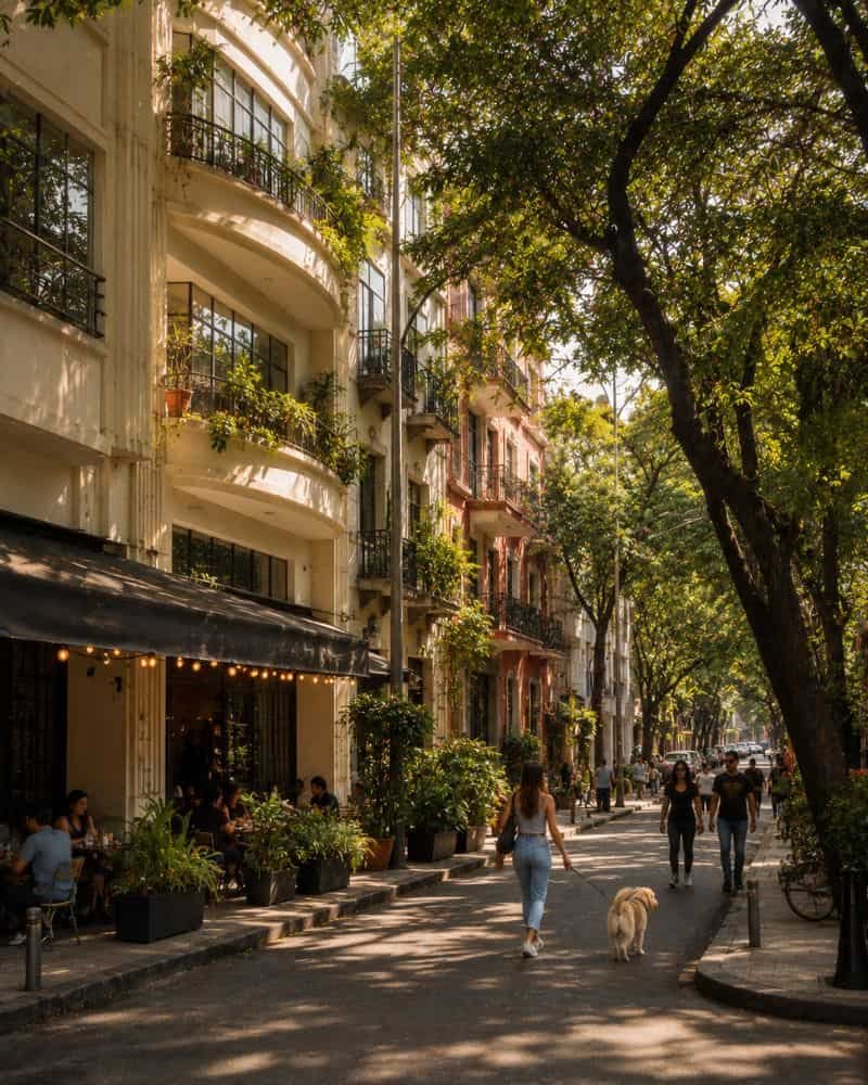 Calle arbolada con edificios art déco en la colonia Condesa, Cuauhtémoc