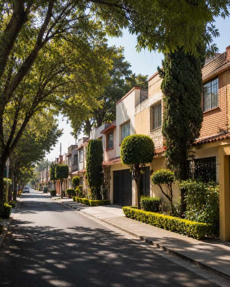 Casas y calles arboladas en Villa Coapa, Tlalpan